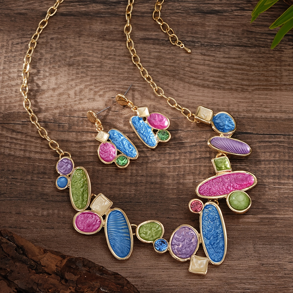 Women's Irregular Geometric Enamel Jewelry Set, Necklace & Earrings